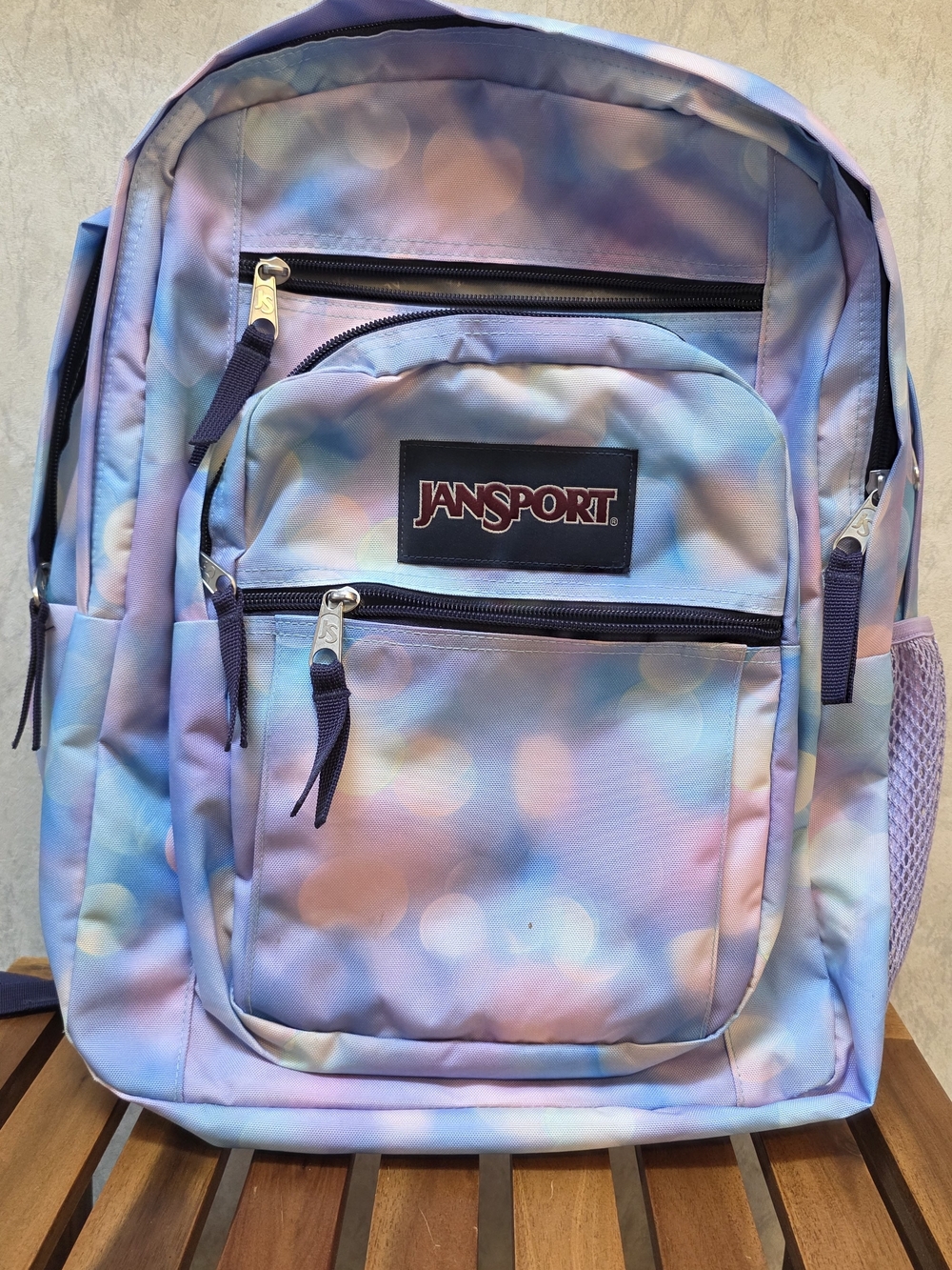 Jansport Big STU City Lights Pastel Bokeh Backpack in Light Blue and Pink